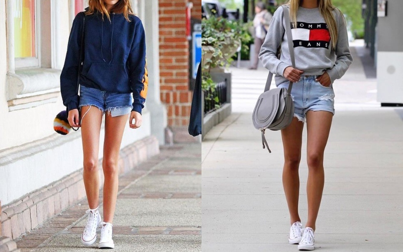 phối áo sweater cùng shorts jeans